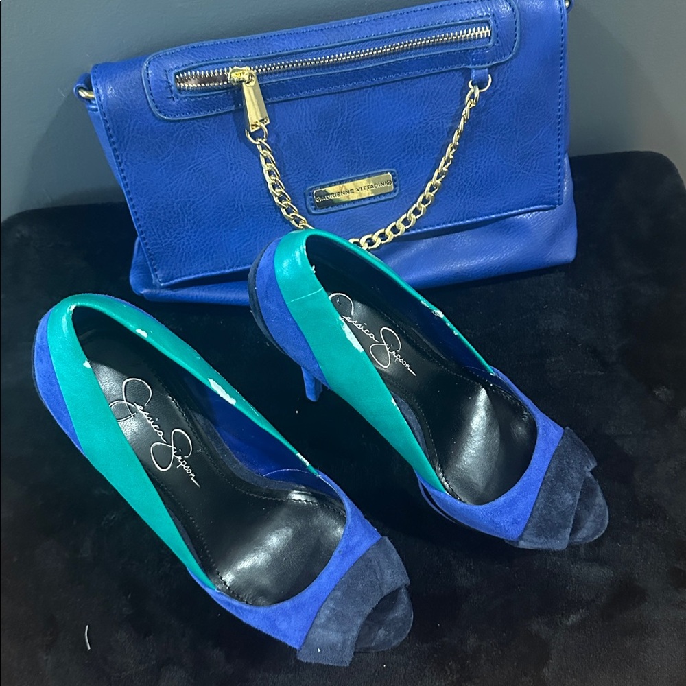 Jessica Simpson Blue and Green Peep Toe Heels with Handbag (Andrienne Vittadini)